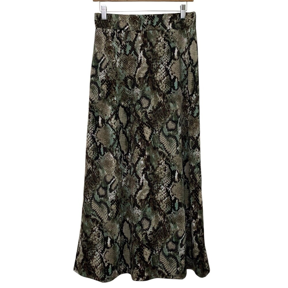89th & Madison Maxi Skirt Snake Skin Print Women’s Size S Green Tan Side Slit